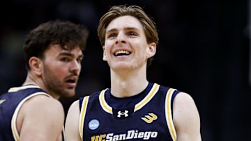 March 20, 2025; Denver, CO, USA; UC San Diego Tritons guard Hayden Gray (3) reacts during the second half against the Michigan Wolverines at Ball Arena. Mandatory Credit: Isaiah J. Downing-Imagn Images