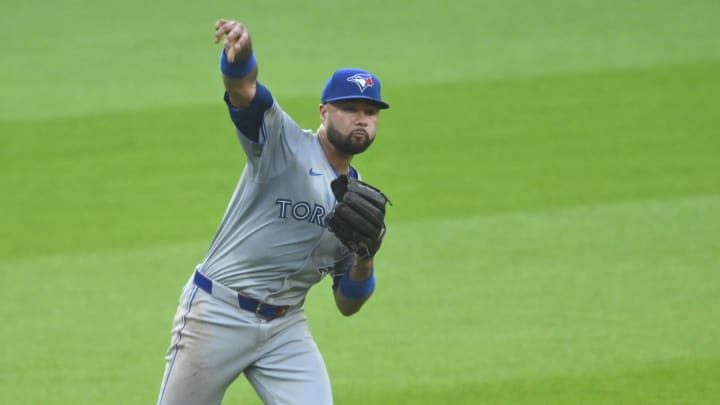 Jun 21, 2024; Cleveland, Ohio, USA; Toronto Blue Jays shortstop Isiah Kiner-Falefa (7) throws to first base in the third inning against the Cleveland Guardians at Progressive Field. Mandatory Credit: David Richard-USA TODAY Sports