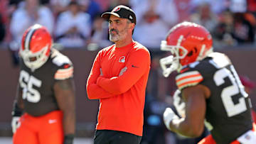 Cleveland Browns coach Kevin Stefanski watches the team warm up before a game against the Cincinnati Bengals on Sunday, Oct. 20, 2024, in Cleveland, Ohio.