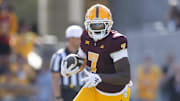 Nov 23, 2024; Tempe, Arizona, USA; Arizona State Sun Devils tight end Chamon Metayer (7) against the Brigham Young Cougars at Mountain America Stadium. Mandatory Credit: Mark J. Rebilas-Imagn Images
