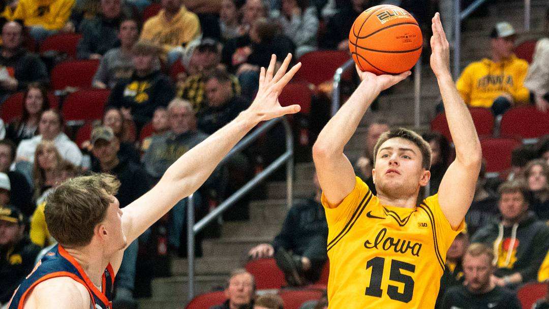 Iowa's Brendan Hausen attempts a basket during a game at Casey's Center on Saturday, Dec. 20, 2025 in Des Moines. Iowa's Brendan Hausen attempts a basket during a game at Casey's Center on Saturday, Dec. 20, 2025 in Des Moines.