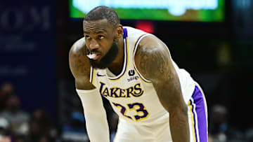Nov 25, 2023; Cleveland, Ohio, USA; Los Angeles Lakers forward LeBron James (23) waits for action to resume during the second half against the Cleveland Cavaliers at Rocket Mortgage FieldHouse. Mandatory Credit: Ken Blaze-Imagn Images