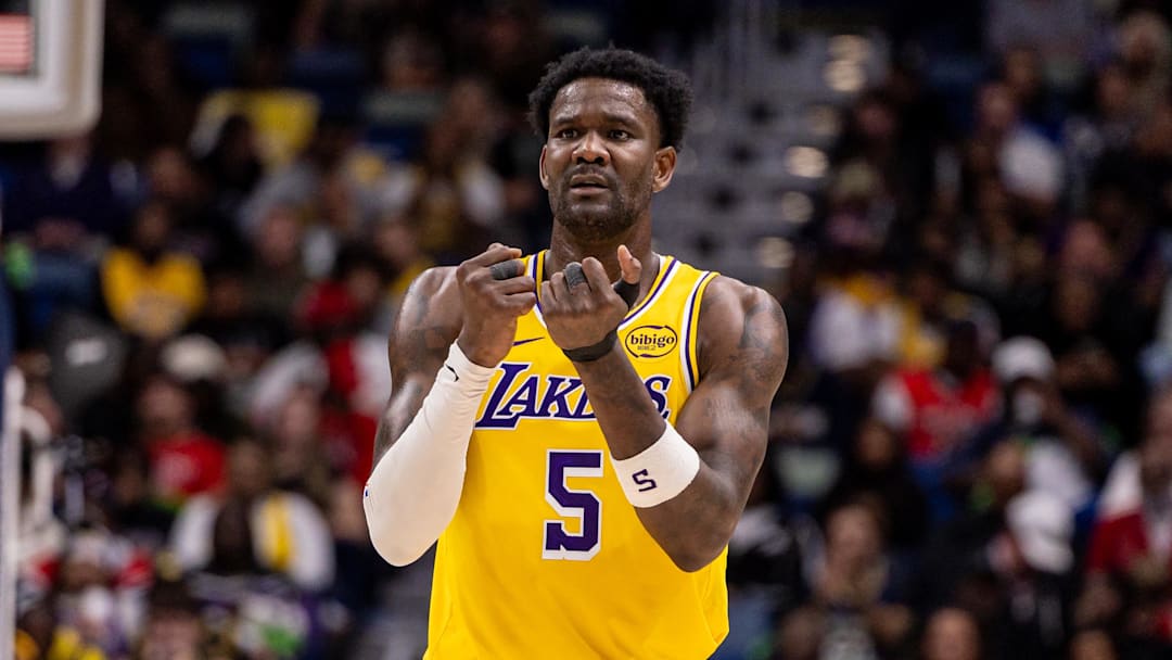 Jan 6, 2026; New Orleans, Louisiana, USA;  Los Angeles Lakers center Deandre Ayton (5) reacts to a play against the New Orleans Pelicans during the second half at Smoothie King Center. Mandatory Credit: Stephen Lew-Imagn Images
