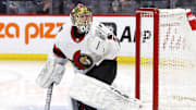Mar 30, 2024; Winnipeg, Manitoba, CAN; Ottawa Senators goaltender Joonas Korpisalo (70) warms up before the start of the second period against the Winnipeg Jets at Canada Life Centre. Mandatory Credit: James Carey Lauder-Imagn Images
