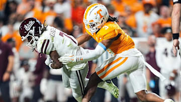 Nov 9, 2024; Knoxville, Tennessee, USA; Tennessee Volunteers defensive back Jermod McCoy (3) takes down Mississippi State Bulldogs wide receiver Mario Craver (7) during the second half at Neyland Stadium. Mandatory Credit: Caitie McMekin/USA TODAY Network via Imagn Images