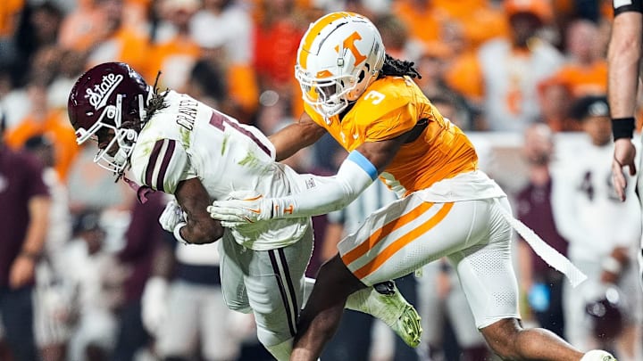 Nov 9, 2024; Knoxville, Tennessee, USA; Tennessee Volunteers defensive back Jermod McCoy (3) takes down Mississippi State Bulldogs wide receiver Mario Craver (7) during the second half at Neyland Stadium. Mandatory Credit: Caitie McMekin/USA TODAY Network via Imagn Images