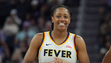 Aug 31, 2025; San Francisco, California, USA; Indiana Fever guard Kelsey Mitchell (left) and guard Shey Peddy (5) during the second quarter against the Golden State Valkyries at Chase Center. Mandatory Credit: Darren Yamashita-Imagn Images