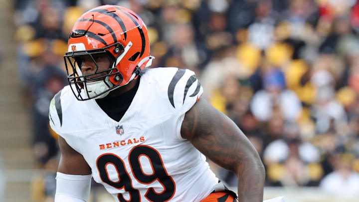 Nov 16, 2025; Pittsburgh, Pennsylvania, USA; Cincinnati Bengals defensive end Myles Murphy (99) runs on the field against the Pittsburgh Steelers during the first half at Acrisure Stadium. Mandatory Credit: Charles LeClaire-Imagn Images