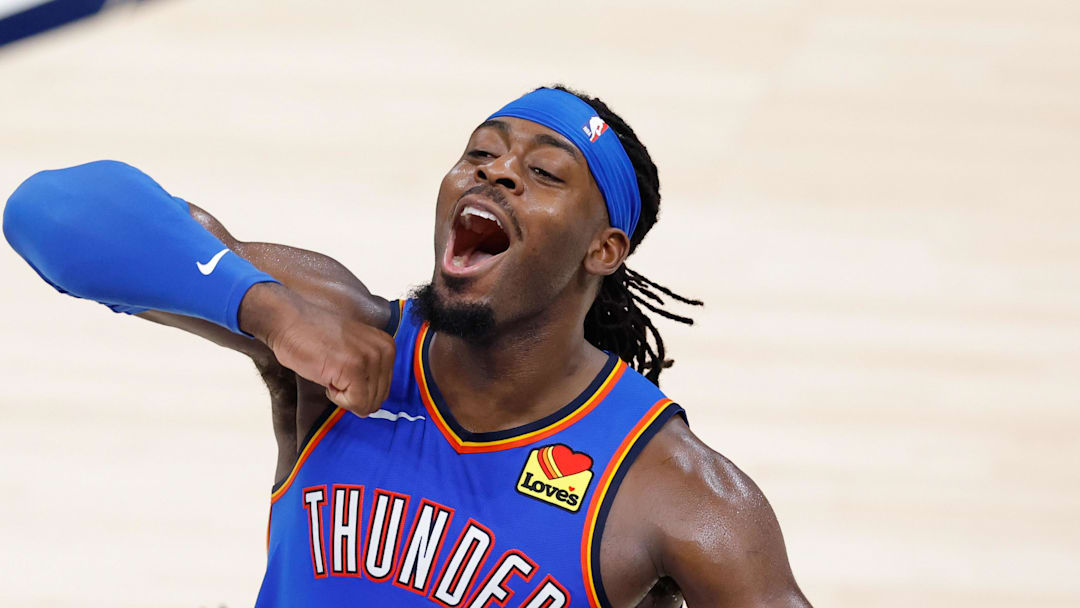 Jun 22, 2025; Oklahoma City, Oklahoma, USA; Oklahoma City Thunder guard Luguentz Dort (5) celebrates after a play against the Indiana Pacers during the second half during game seven of the 2025 NBA Finals at Paycom Center. Mandatory Credit: Alonzo Adams-Imagn Images