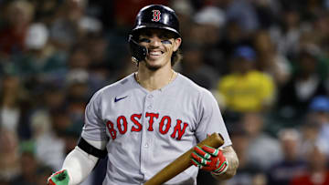Sep 9, 2025; West Sacramento, California, USA; Boston Red Sox left fielder Jarren Duran (16) smiles after getting hit by a pitch during the ninth inning against the Athletics at Sutter Health Park. Mandatory Credit: Sergio Estrada-Imagn Images