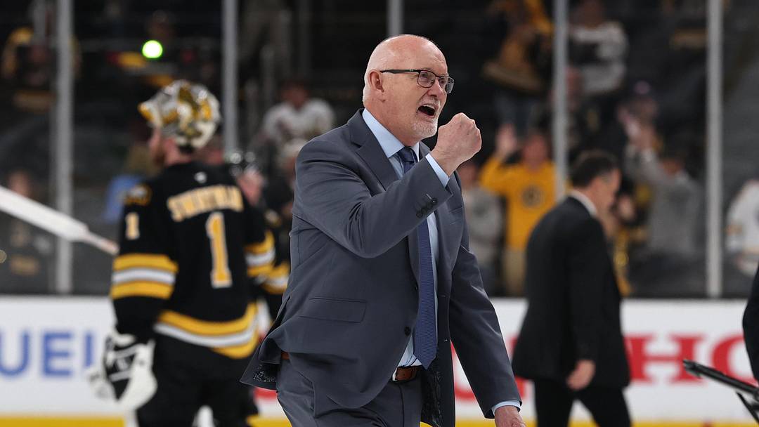 May 1, 2026; Boston, Massachusetts, USA; Buffalo Sabres head coach Lindy Ruff pumps his fist after their 4-1 win over the Boston Bruins in game six of the first round of the 2026 Stanley Cup Playoffs at TD Garden. Mandatory Credit: Winslow Townson-Imagn Images