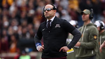 Nov 1, 2025; Minneapolis, Minnesota, USA; Minnesota Golden Gophers head coach P.J. Fleck looks on during the first half against the Michigan State Spartans at Huntington Bank Stadium. Mandatory Credit: Matt Krohn-Imagn Images