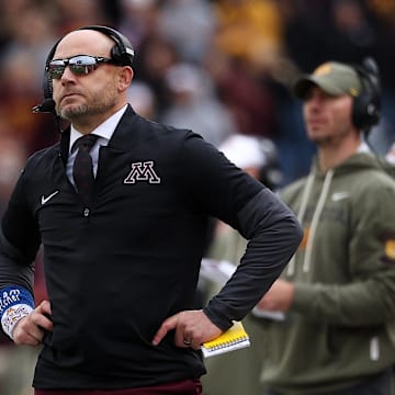 Nov 1, 2025; Minneapolis, Minnesota, USA; Minnesota Golden Gophers head coach P.J. Fleck looks on during the first half against the Michigan State Spartans at Huntington Bank Stadium. Mandatory Credit: Matt Krohn-Imagn Images