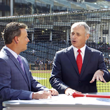 MLB commissioner Rob Manfred is interviewed on the ESPN set prior to the 2019 MLB All Star Game at Progressive Field. 