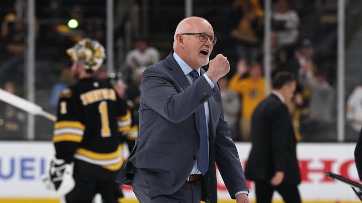 May 1, 2026; Boston, Massachusetts, USA; Buffalo Sabres head coach Lindy Ruff pumps his fist after their 4-1 win over the Boston Bruins in game six of the first round of the 2026 Stanley Cup Playoffs at TD Garden. Mandatory Credit: Winslow Townson-Imagn Images