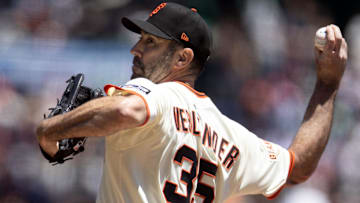 Jul 9, 2025; San Francisco, California, USA; San Francisco Giants starting pitcher Justin Verlander (35) delivers a pitch against the Philadelphia Phillies during the second inning at Oracle Park. 