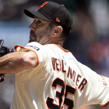 Jul 9, 2025; San Francisco, California, USA; San Francisco Giants starting pitcher Justin Verlander (35) delivers a pitch against the Philadelphia Phillies during the second inning at Oracle Park. 