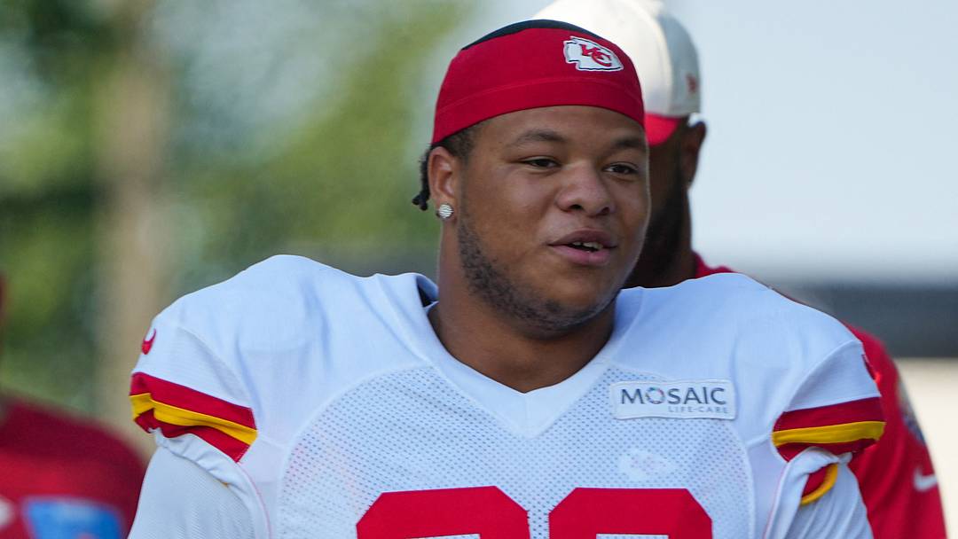 Aug 3, 2026; Kansas City, MO, USA; Kansas City Chiefs   defensive lineman Peter Woods (99) walks down the hill to the fields prior to training camp at Missouri Western University. Mandatory Credit: Denny Medley-Imagn Images