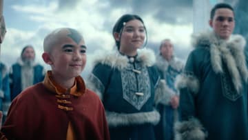 Avatar: The Last Airbender. (L to R) Gordon Cormier as Ang, Kiawentiio as Katara, Ian Ousley as Sokka in season 1 of Avatar: The Last Airbender. Cr. Netflix © 2024