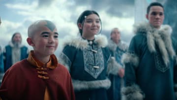 Avatar: The Last Airbender. (L to R) Gordon Cormier as Ang, Kiawentiio as Katara, Ian Ousley as Sokka in season 1 of Avatar: The Last Airbender. Cr. Netflix © 2024