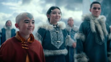 Avatar: The Last Airbender. (L to R) Gordon Cormier as Ang, Kiawentiio as Katara, Ian Ousley as Sokka in season 1 of Avatar: The Last Airbender. Cr. Netflix © 2024