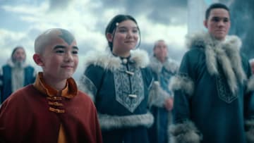 Avatar: The Last Airbender. (L to R) Gordon Cormier as Ang, Kiawentiio as Katara, Ian Ousley as Sokka in season 1 of Avatar: The Last Airbender. Cr. Netflix © 2024