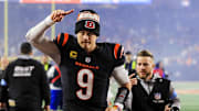 Dec 28, 2024; Cincinnati, Ohio, USA; Cincinnati Bengals quarterback Joe Burrow (9) runs off the field after the victory over the Denver Broncos at Paycor Stadium. Mandatory Credit: Katie Stratman-Imagn Images