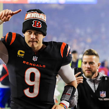 Dec 28, 2024; Cincinnati, Ohio, USA; Cincinnati Bengals quarterback Joe Burrow (9) runs off the field after the victory over the Denver Broncos at Paycor Stadium. Mandatory Credit: Katie Stratman-Imagn Images