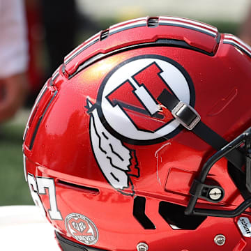 A general view of the football helmet worn by the Utah Utes against the Southern Utah Thunderbirds at Rice-Eccles Stadium.