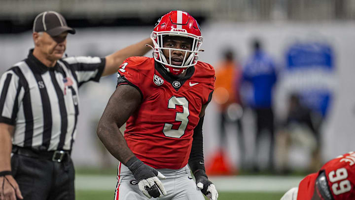 Nov 28, 2025; Atlanta, Georgia, USA; Georgia Bulldogs linebacker CJ Allen (3) on the field against the Georgia Tech Yellow Jackets during the first half at Mercedes-Benz Stadium. Mandatory Credit: Dale Zanine-Imagn Images