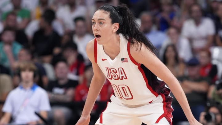 Jul 29, 2024; Villeneuve-d'Ascq, France; United States forward Breanna Stewart (10) defends during the second half against Japan during the Paris 2024 Olympic Summer Games at Stade Pierre-Mauroy. Mandatory Credit: John David Mercer-USA TODAY Sports