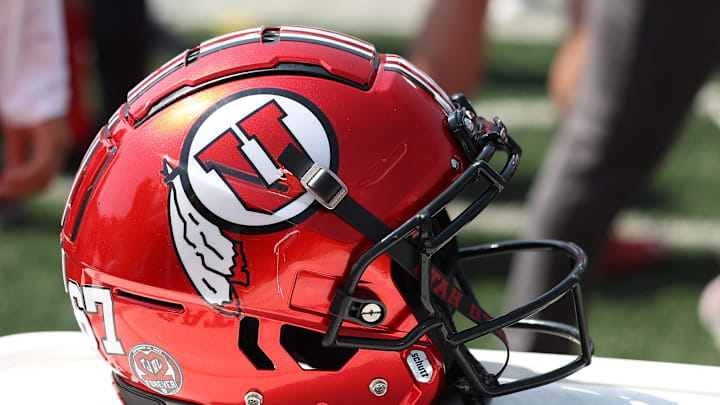 A general view of the football helmet worn by the Utah Utes against the Southern Utah Thunderbirds at Rice-Eccles Stadium.