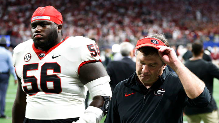 Georgia coach Kirby Smart reacts after losing the SEC Championship game against Alabama at Mercedes-Benz Stadium in Atlanta, on Saturday, Dec. 2, 2023. Alabama won 27-24.