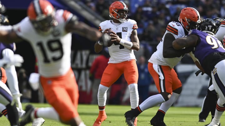 Nov 12, 2023; Baltimore, Maryland, USA;  Cleveland Browns quarterback Deshaun Watson (4) looks to pass fro the pocket during the first half against the Baltimore Ravens at M&T Bank Stadium. Mandatory Credit: Tommy Gilligan-USA TODAY Sports
