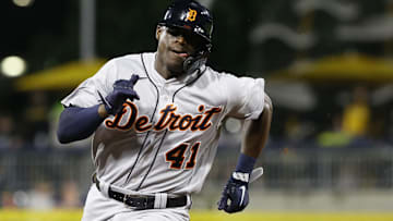 Former Detroit Tigers center fielder Daz Cameron (41) runs the bases on his way to scoring a run against the Pittsburgh Pirates during the eighth inning at PNC Park.