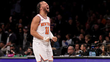 Jan 23, 2024; Brooklyn, New York, USA; New York Knicks guard Jalen Brunson (11) reacts during the fourth quarter against the Brooklyn Nets at Barclays Center. Mandatory Credit: Brad Penner-Imagn Images