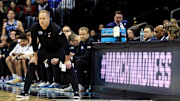 Mar 27, 2025; Newark, NJ, USA; Brigham Young Cougars head coach Kevin Young looks on during the first half against the Alabama Crimson Tide during an East Regional semifinal of the 2025 NCAA tournament at Prudential Center. Mandatory Credit: Vincent Carchietta-Imagn Images