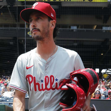 Jul 21, 2024; Pittsburgh, Pennsylvania, USA;  Philadelphia Phillies catcher Garrett Stubbs (21) heads to the bullpen to warm up before playing the Pittsburgh Pirates at PNC Park