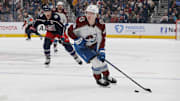 Apr 3, 2025; Columbus, Ohio, USA; Colorado Avalanche left wing Joel Kiviranta (94) looks to pass against the Columbus Blue Jackets during the first period at Nationwide Arena. Mandatory Credit: Russell LaBounty-Imagn Images