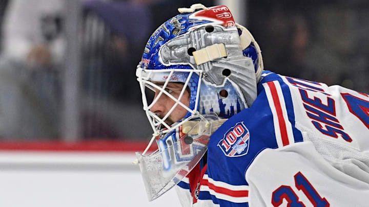 Mar 9, 2026; Philadelphia, Pennsylvania, USA; New York Rangers goaltender Igor Shesterkin (31) against the Philadelphia Flyers during the first period at Xfinity Mobile Arena. Mandatory Credit: Eric Hartline-Imagn Images