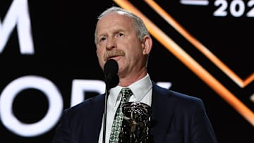 Jun 28, 2023; Nashville, Tennessee, USA; Dallas Stars general manager Jim Nill is awarded the Jim Gregory General Manager of the Year award during the first round of the 2023 NHL Draft at Bridgestone Arena. Mandatory Credit: Christopher Hanewinckel-Imagn Images