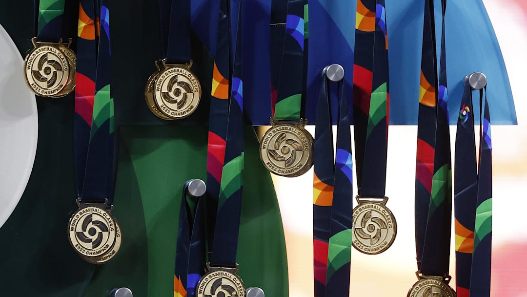 Mar 21, 2023; Miami, Florida, USA; Gold medals wait to be presented to team Japan after defeating the USA in the World Baseball Classic at LoanDepot Park.