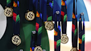 Mar 21, 2023; Miami, Florida, USA; Gold medals wait to be presented to team Japan after defeating the USA in the World Baseball Classic at LoanDepot Park.