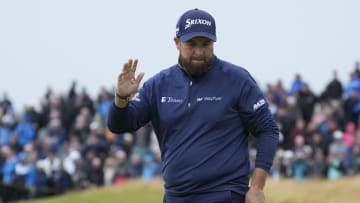 Jul 18, 2024; Ayrshire, SCT; Shane Lowry reacts on the 7th green during the first round of the Open Championship golf tournament at Royal Troon. Mandatory Credit: Jack Gruber-USA TODAY Sports