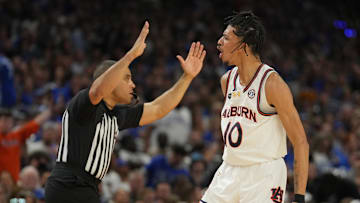 Apr 5, 2025; San Antonio, TX, USA;  Auburn Tigers guard Chad Baker-Mazara (10) reacts against the Florida Gators in the semifinals of the men's Final Four of the 2025 NCAA Tournament at the Alamodome. Mandatory Credit: Robert Deutsch-Imagn Images