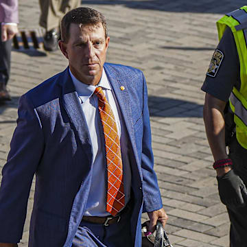 Aug 31, 2024; Atlanta, Georgia, USA; Clemson Tigers head coach Dabo Swinney shown walking into the stadium prior to the game against the Georgia Bulldogs at Mercedes-Benz Stadium. 