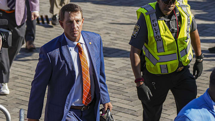 Aug 31, 2024; Atlanta, Georgia, USA; Clemson Tigers head coach Dabo Swinney shown walking into the stadium prior to the game against the Georgia Bulldogs at Mercedes-Benz Stadium. 