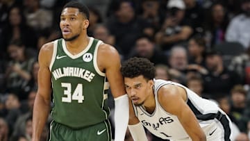 Jan 31, 2025; San Antonio, Texas, USA; Milwaukee Bucks forward Giannis Antetokounmpo (34) and San Antonio Spurs center Victor Wembanyama (1) during the first half at Frost Bank Center. Mandatory Credit: Scott Wachter-Imagn Images