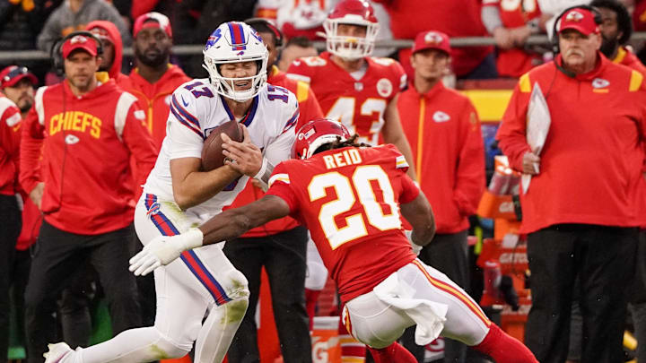 Buffalo Bills quarterback Josh Allen (17) and former Kansas City Chiefs safety Justin Reid (20). Buffalo Bills quarterback Josh Allen (17) and former Kansas City Chiefs safety Justin Reid (20).