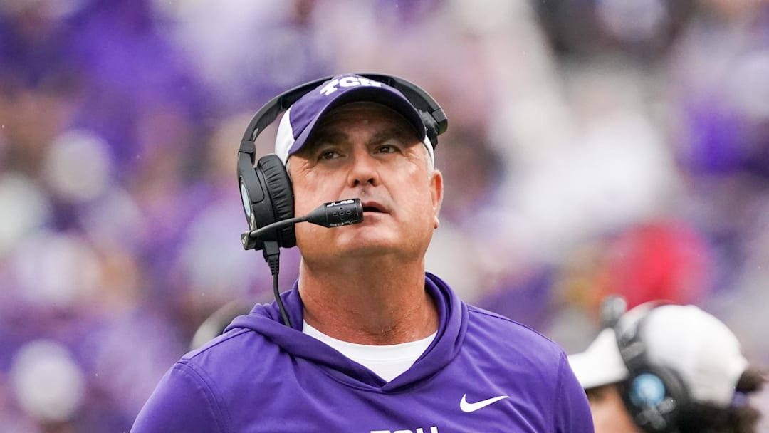 Oct 18, 2025; Fort Worth, Texas, USA; TCU Horned Frogs head coach Sonny Dykes on the sidelines against the Baylor Bears during the second half of a game at Amon G. Carter Stadium. Mandatory Credit: Raymond Carlin III-Imagn Images